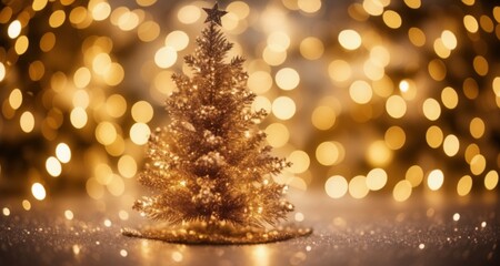 Wall Mural -  Golden Christmas Tree with Star, Surrounded by Sparkling Lights