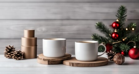 Canvas Print -  Cozy Christmas - Two mugs of warm beverage, pine cones, and a festive tree