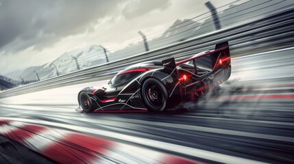 Thrill-seeking drive in a high-performance race car, speeding around tight track curves, adrenaline rush