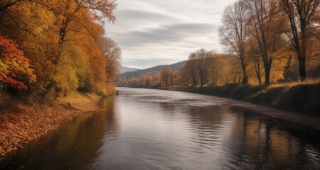 Sticker -  Autumn's tranquil embrace along the riverbank