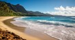  Tranquil beach scene with clear blue waters and lush green mountains
