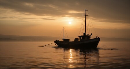 Wall Mural -  Serenity at sunset - A lone boat on the water