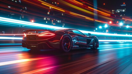 Modern futuristic car in neon lights movement