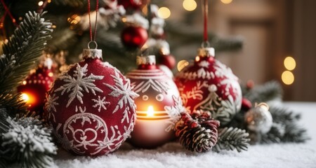 Poster -  Cozy Christmas - Festive ornaments and twinkling lights on a snowy pine branch