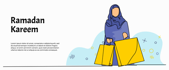 Vector illustration of  Muslim women shopping at an  shop. Modern flat in continuous line style.