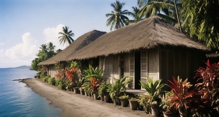 Wall Mural -  Tranquil beachfront hut with vibrant greenery