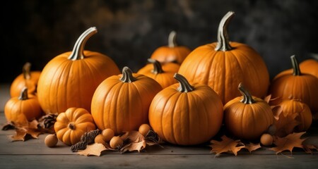 Poster -  Autumn's bounty - A harvest of pumpkins and leaves