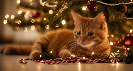 Wall Mural -  Feline Festive - A cat's curious Christmas moment