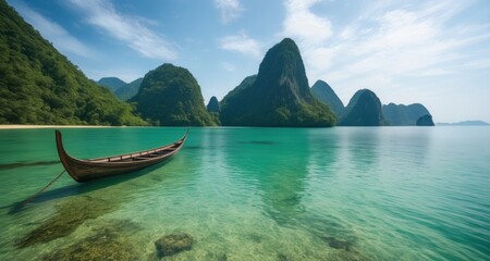 Sticker -  Tranquil waterscape with a traditional boat amidst a stunning natural backdrop