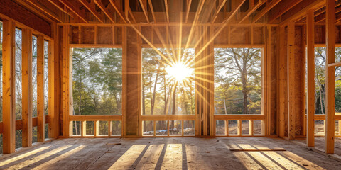 Wall Mural - Construction of a house, wooden framework indoors