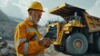 © muhamad - mining truck driver man in uniform with tablet computer controls loading of cargo or coal