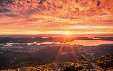 Wall Mural - The sunrise view of the city Hobart and the River Derwent from the Mount Wellington