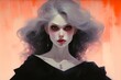 
Portrait featuring a female vampire with ethereal pallor and fiery red eyes, set against a background of solid pastel peach, conveying a mix of sensuality and danger