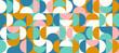 © vika_k - Bright semicircles seamless pattern. Abstract geometric half circles in squares repeating background. Color Swiss modernism or postmodern style wallpaper. Vector pink, golden, green modular backdrop