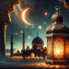 Wall Mural - Image featuring an ornate lantern in the foreground with an enchanting Arabian nightscape in the background.