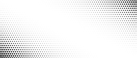 Wall Mural - Hexagon corner halftone gradient texture. Diagonal black grunge hex gradation background. Geometric retro tech wallpaper. Fading hexagonal pattern backdrop. Vector vanishing honeycomb grunge overlay