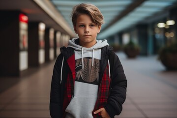 Portrait of a cute little boy in a stylish jacket with a hood standing in the corridor of a shopping center