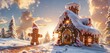 Sunset hues illuminating a gingerbread man on a snowy path, proudly towing a gingerbread house, their delicious charm captured in HD.