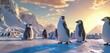 Crystal-clear ice reflecting animated penguins waddling gracefully, each with a unique scarf, in a winter wonderland of hues.
