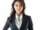 © myboys.me - Beautiful studio portrait of young, stylish asian executive businesswoman wearing black blazer suit, looking at camera with confidence on white background.