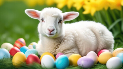 Wall Mural - Cute easter lamb and colorful easter eggs with spring flowers