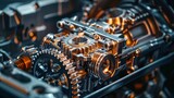Fototapeta  - Macro shot of a car's transmission system being assembled, gears and bearings highlighted