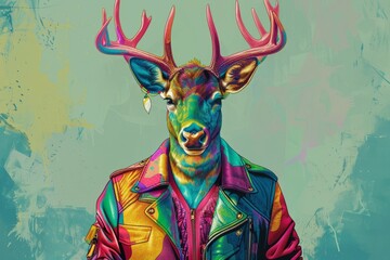 Wall Mural - deer dressed in multicolor leather jacket