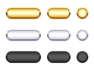 Set of buttons for mobile, web, or video games. Golden, silver, and black buttons GUI elements. Vector Isolated on a white background