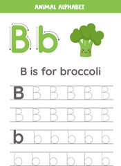 Wall Mural - Tracing alphabet letters for kids. Fruit and vegetables alphabet. B is for broccoli.