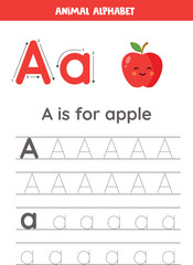 Wall Mural - Tracing alphabet letters for kids. Fruit and vegetables alphabet. A is for apple.