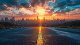 Fototapeta  - Panoramic skyline and modern commercial buildings with empty road. Asphalt road and cityscape at sunrise  Generative AI
