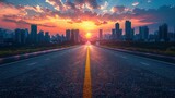 Fototapeta  - Panoramic skyline and modern commercial buildings with empty road. Asphalt road and cityscape at sunrise  Generative AI
