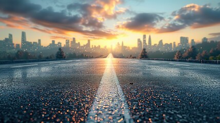 Wall Mural - Panoramic skyline and modern commercial buildings with empty road. Asphalt road and cityscape at sunrise  Generative AI