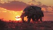 An elephant armored with metal plates and spikes creating a menacing silhouette against the sunset.