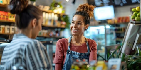 Wall Mural - Business owner talking with customer, helping customer