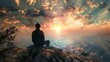 A person is sitting on a rocky outcrop overlooking the sea at sunset. The sky is dramatic with scattered clouds, through which rays of sunlight beam down onto the water, creating a serene aura. The su