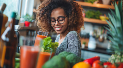 Wall Mural - Happy healthy young woman wearing glasses pouring vegetable smoothies freshly made from assorted vegetable ingredients on her kitchen counter.