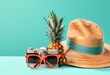travel icon containing beach towel, hat, pineapple, camera and sunglasses on a turquoise background