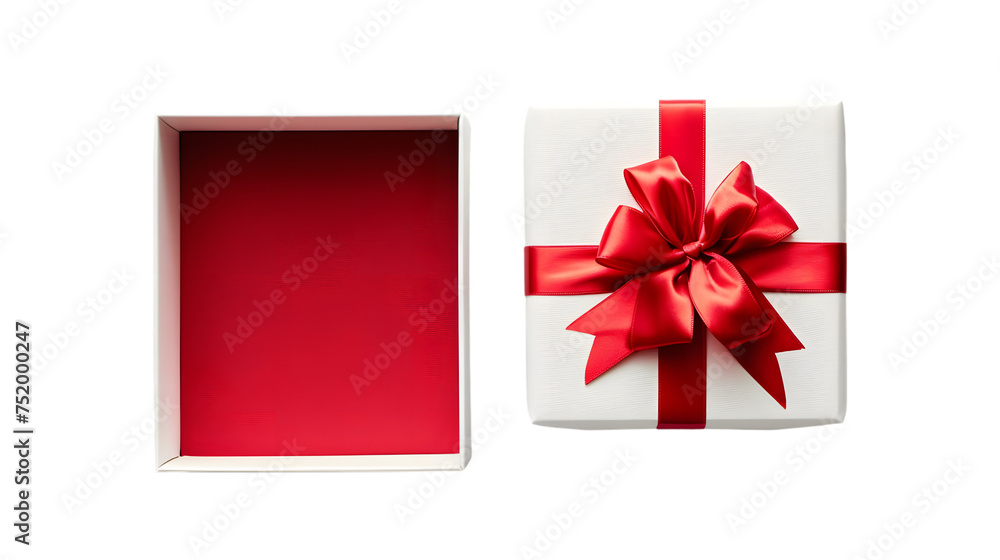 White gift box open with blank red bottom box or top view of present ...