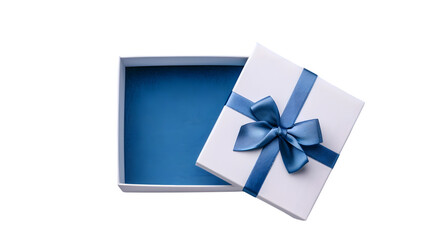 Top view of blank open white gift box with blue bottom inside or opened blue present box with blue ribbon and bow isolated on transparent background