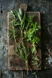 Fototapeta Uliczki - Fresh herbs on rustic wooden countertop. Overhead view.