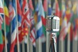 Microphone and World Flags in the concept of international music or events