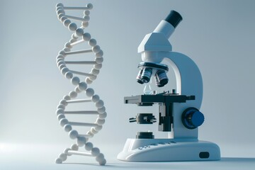 Wall Mural - Microscope and DNA Strand in the concept of genetics or scientific research