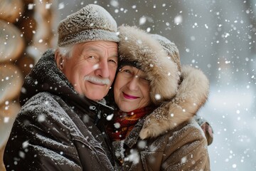 Caucasian old couple hugging outdoors while snow falls in winter clothes