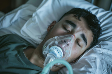 Poster - Young man wearing oxygen mask sleeping in bed, recovering after sickness in hospital ward