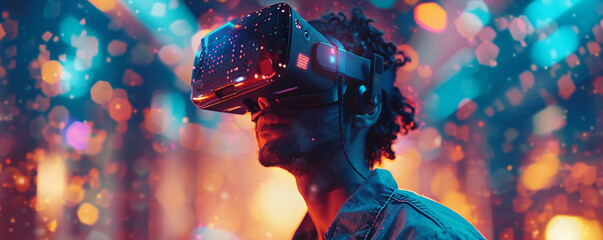 Wall Mural - Man wearing a virtual reality headset and holding a controller. Exploring a digital world with immersive graphics and sounds
