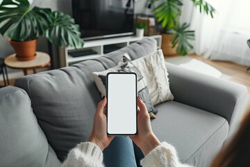 Woman using mobile smartphone with blank white screen on sofa in living room, copy space. mockup