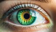 Green eyed woman staring close up of iris digitally, camera focus on Green eyed. 