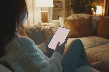 Woman using mobile smartphone with blank white screen on sofa in living room, copy space. mockup