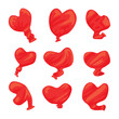 Set of deflated red heart balloon set collection, deflated red heart shaped balloon set, isolated on white background. End of love. Love ended, divorce concept, problems in love and relationships.